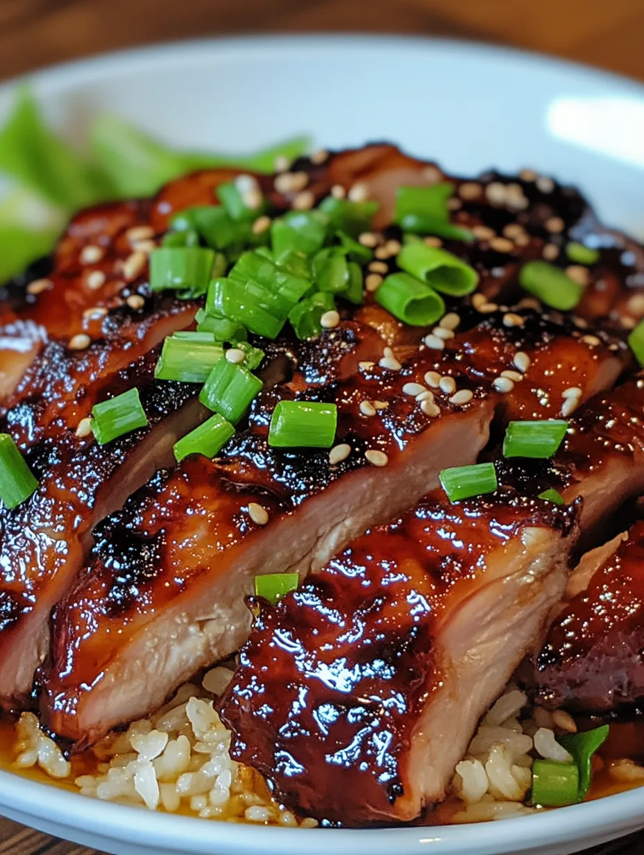 A plate of char siu chicken with rice and green onions.