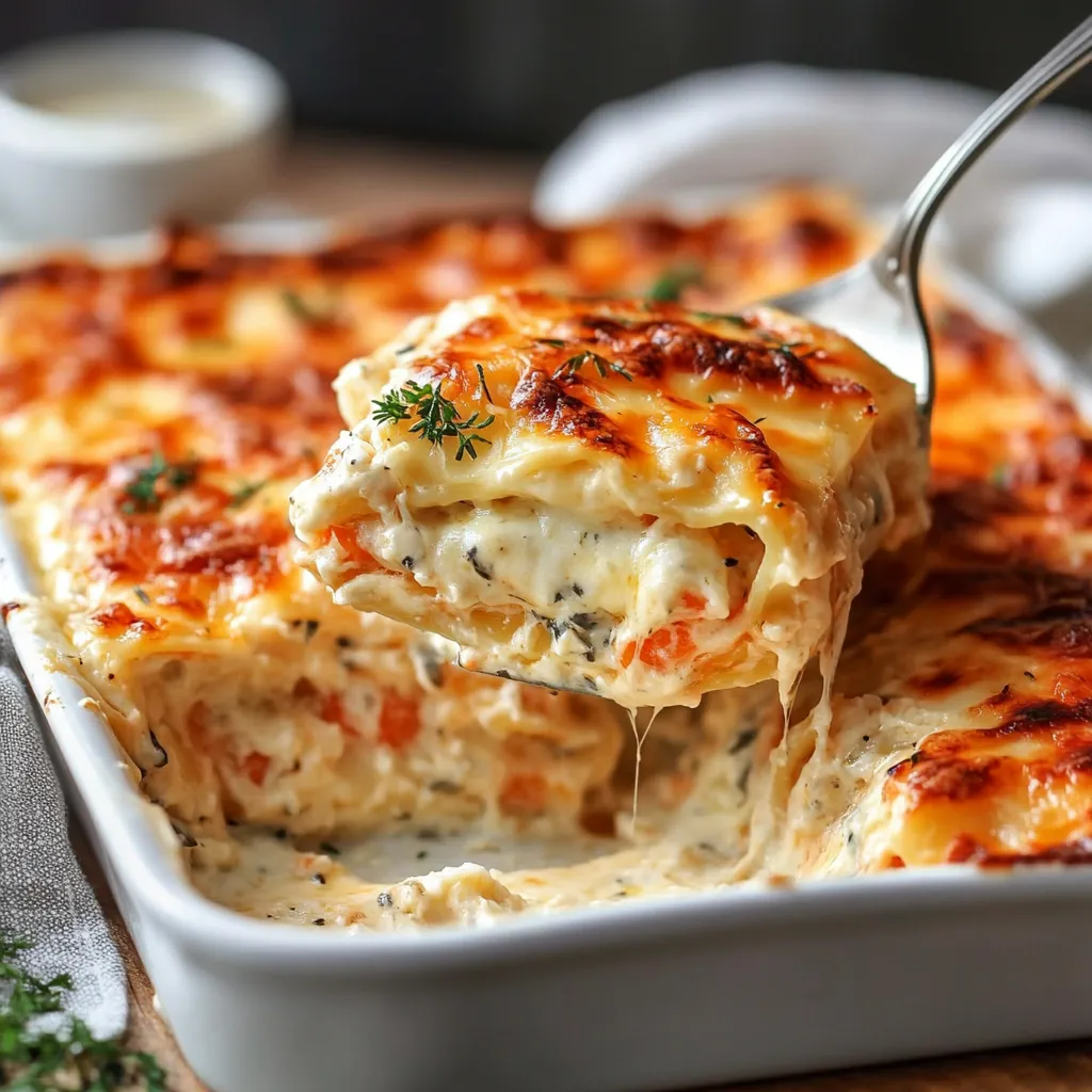 A slice of seafood lasagna.