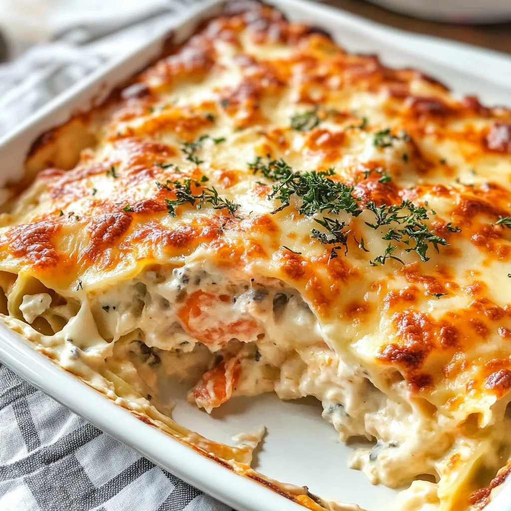 A close up of a seafood lasagna.