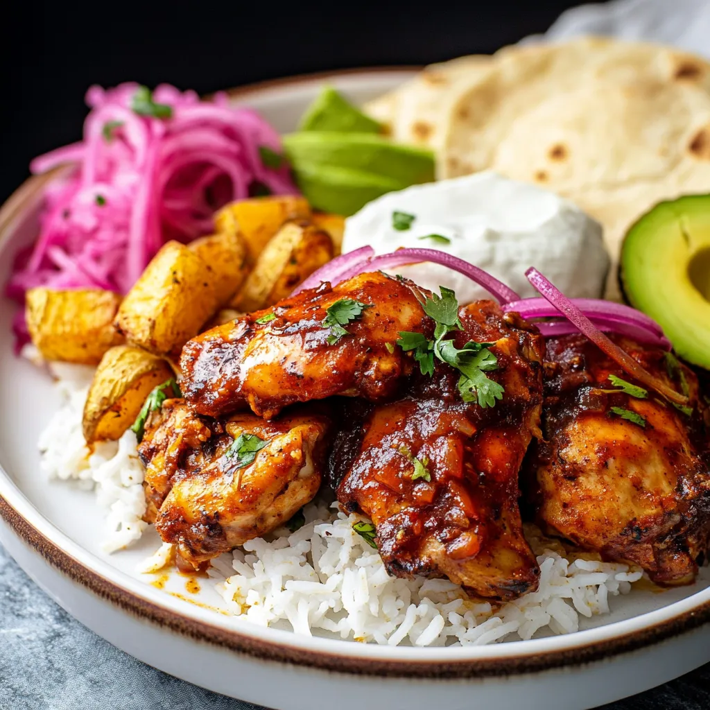 A plate of Mexican Adobo Chicken with rice and vegetables.