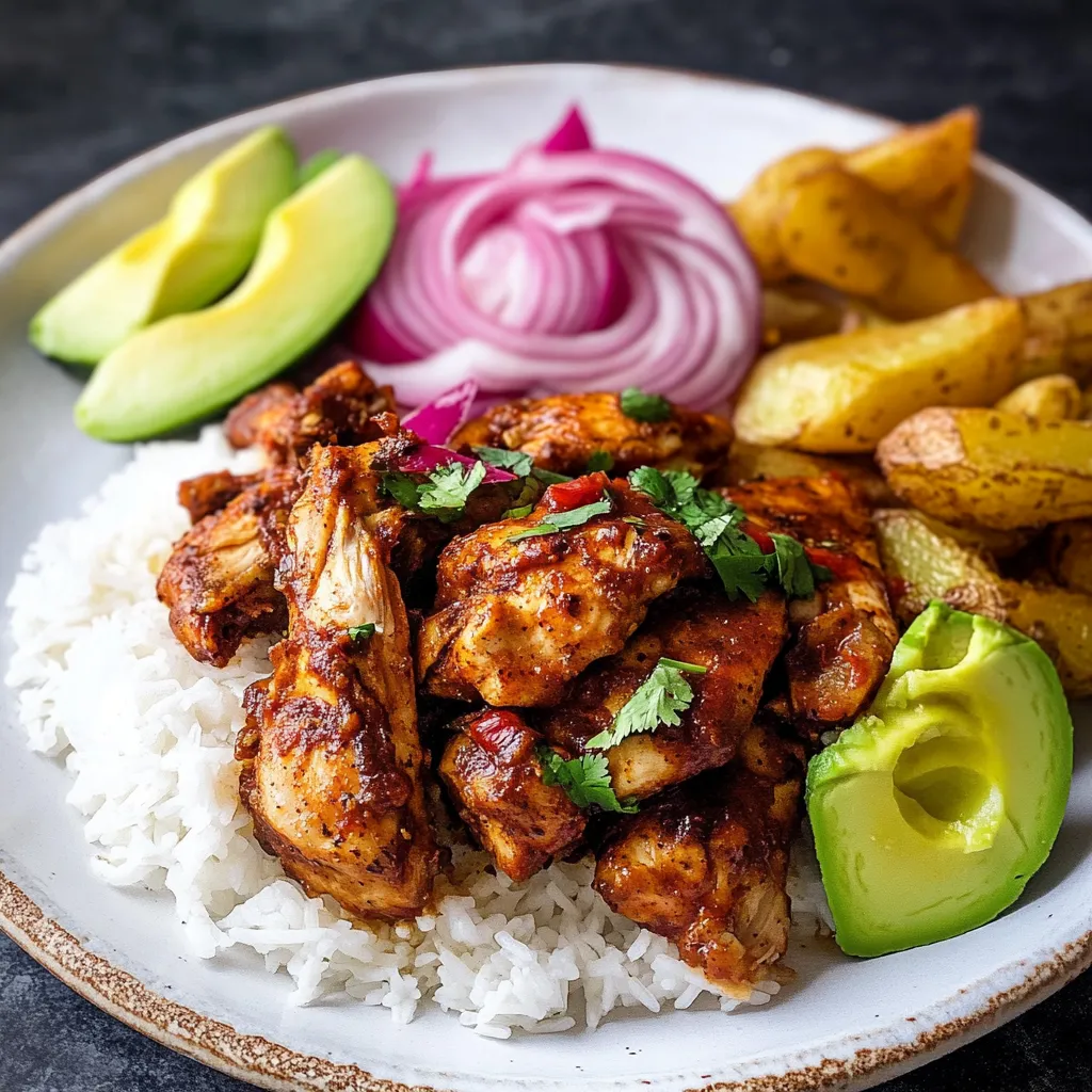 A plate of Mexican Adobo Chicken with rice and onions.