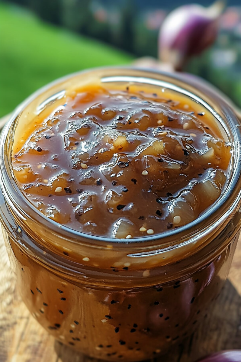 A jar of jam with a spoon in it.