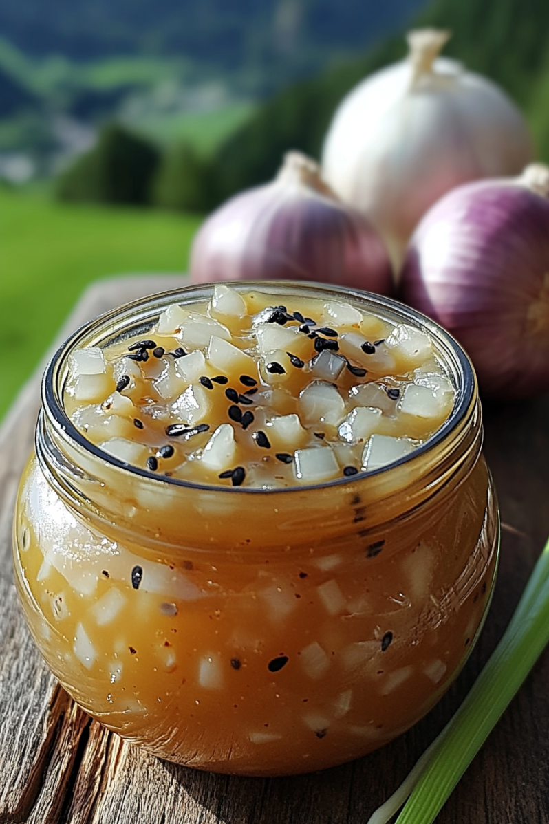 A jar of pickled onions with black seeds.