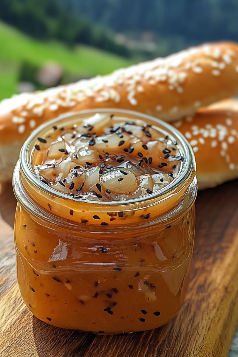 A jar of sauce with sesame seeds on top.