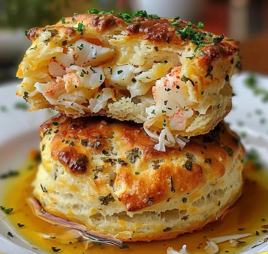 A plate of crab stuffed cheddar bay biscuits with lemon butter.