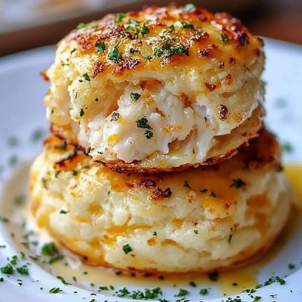 A stack of crab stuffed cheddar bay biscuits with lemon butter.