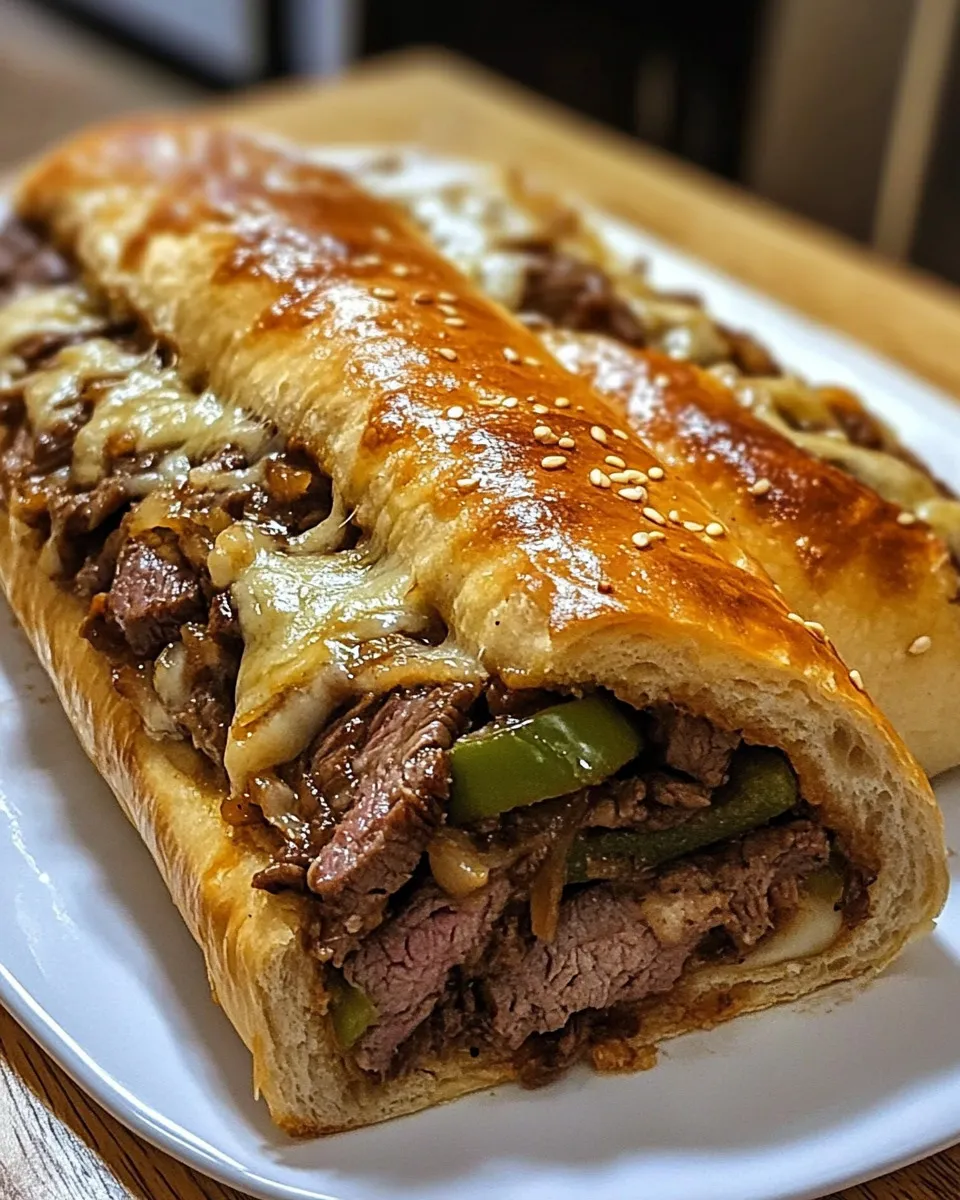 A cheesesteak sandwich with peppers and onions.
