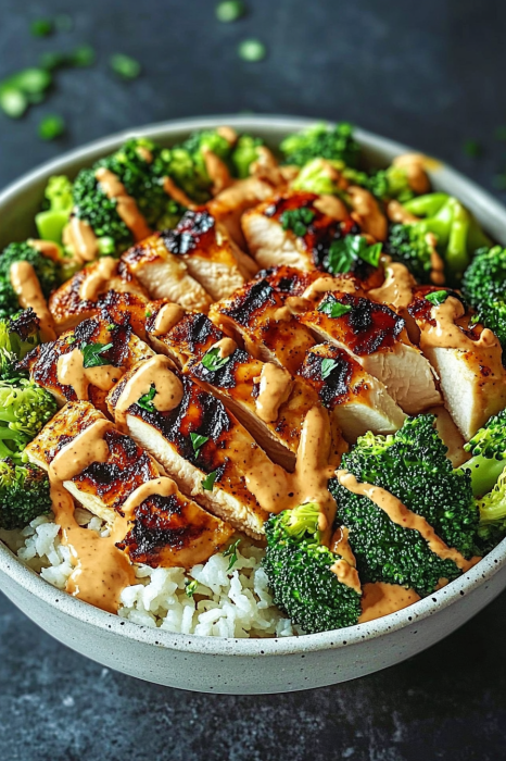 A bowl of rice and broccoli with a sauce.