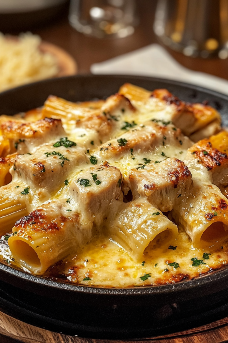 A pan of food with chicken and pasta.