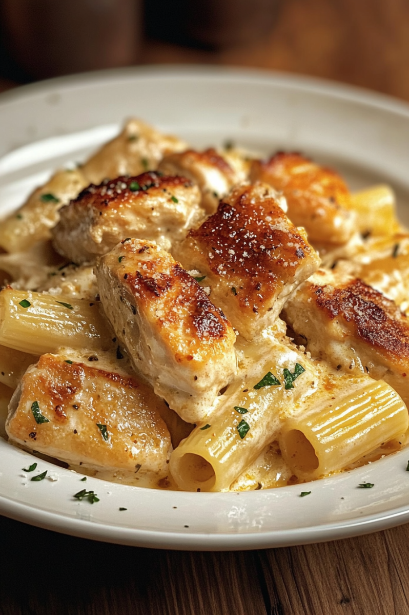 A plate of food with chicken and pasta.