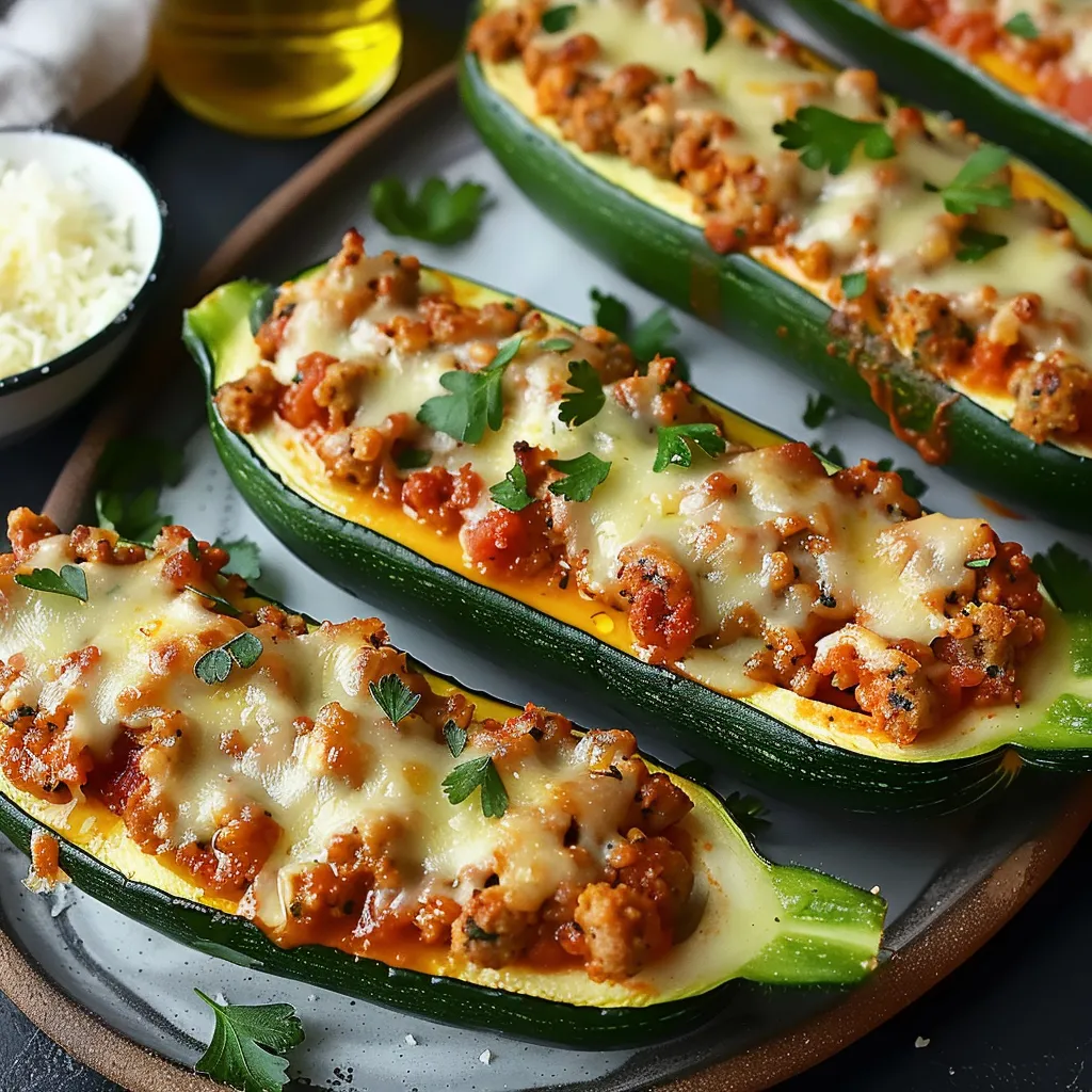 Two zucchini boats filled with meat and cheese.