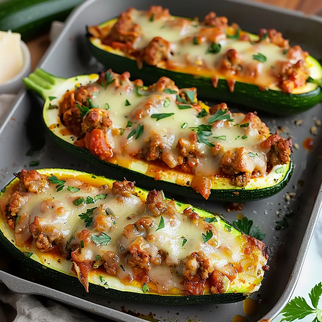 A pan of food with two zucchini boats.