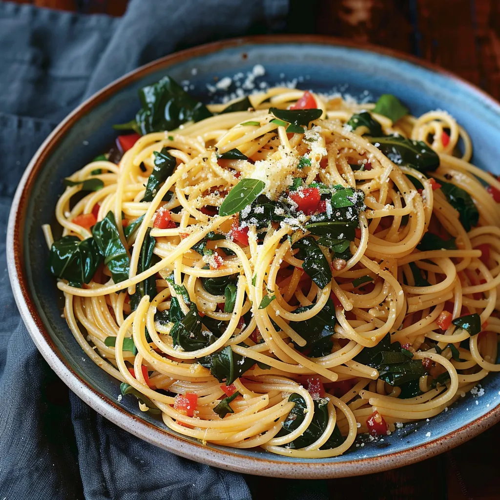 A bowl of pasta with tomatoes and spinach.