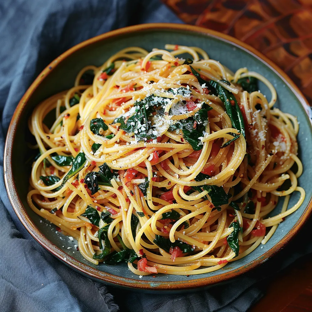 A bowl of pasta with spinach and tomatoes.