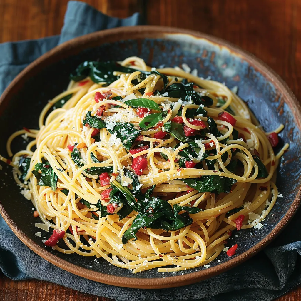 A bowl of pasta with spinach and tomatoes.