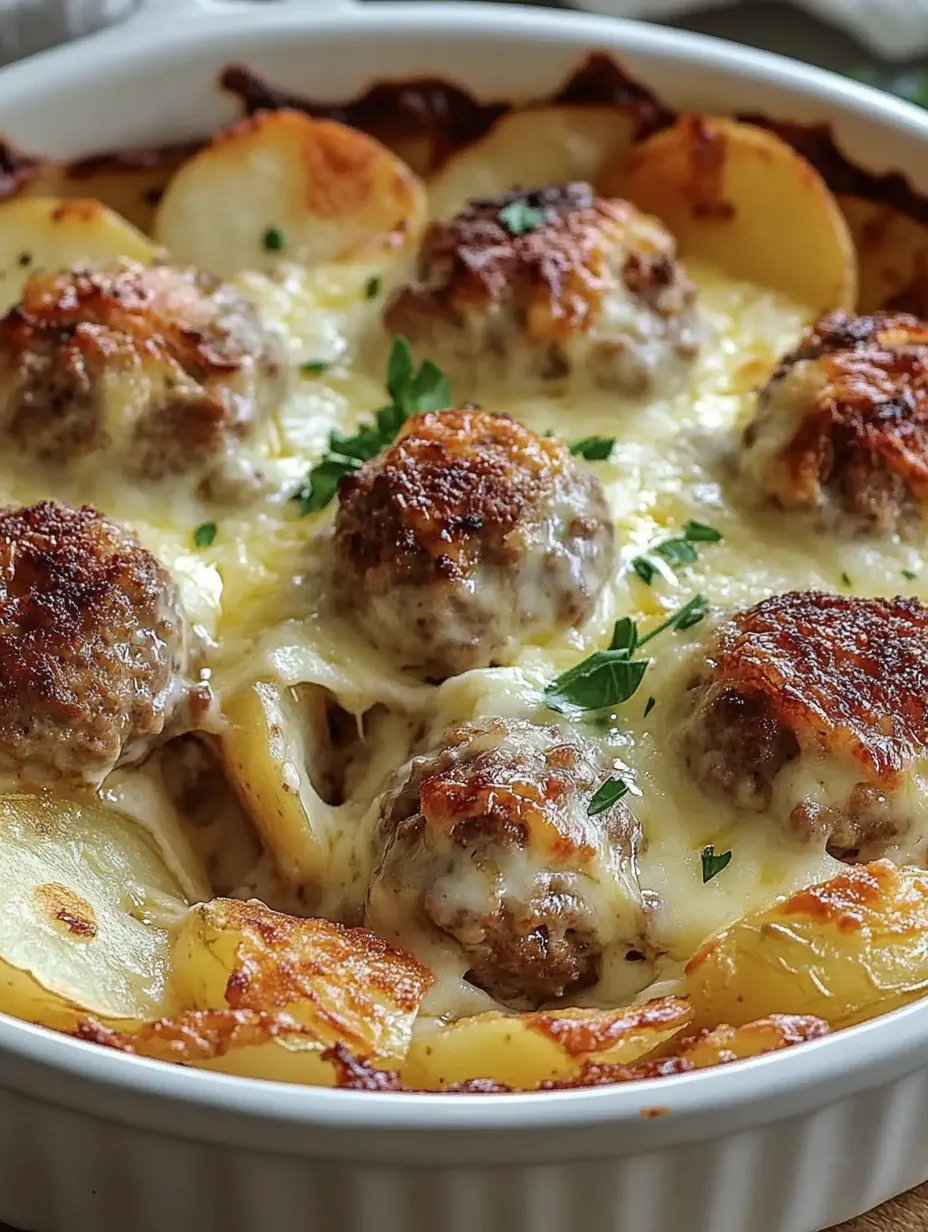 A dish of meatballs with potatoes and cheese.