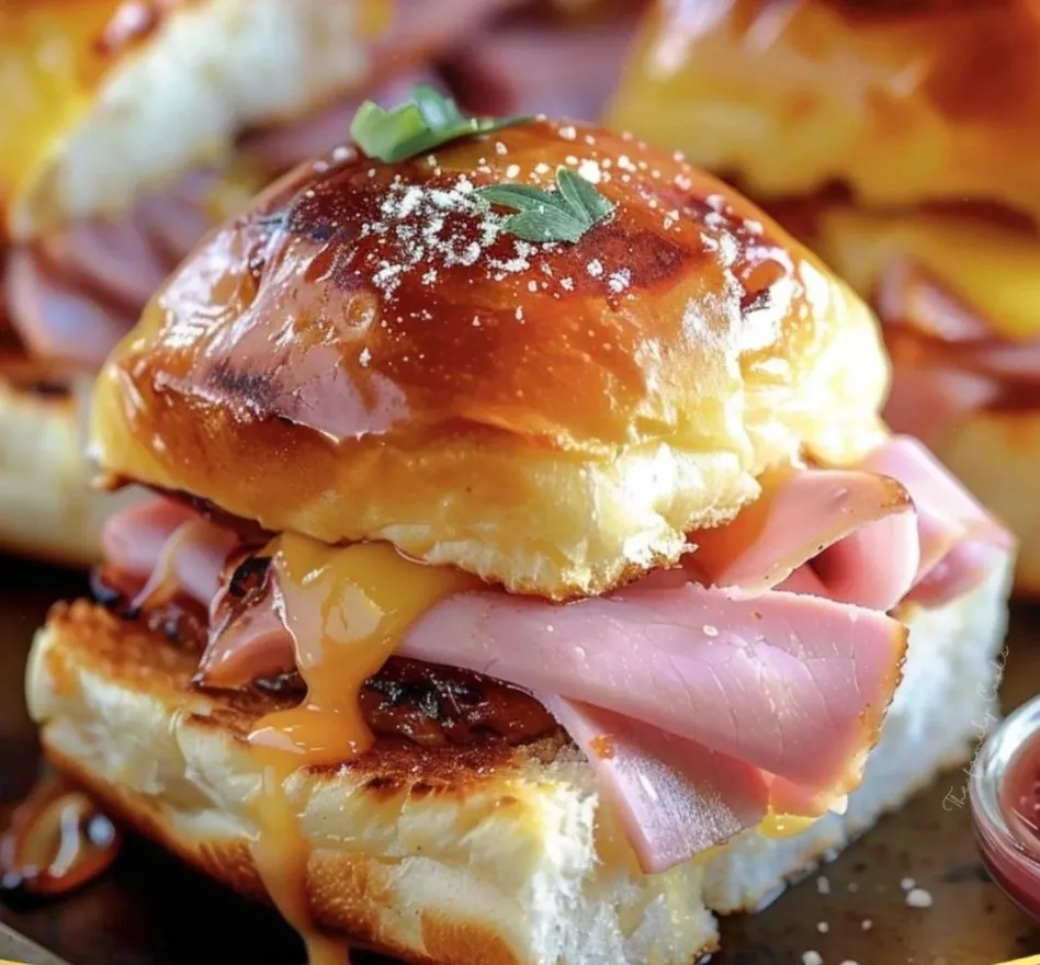 A close up of a Monte Cristo slider with ham and cheese.