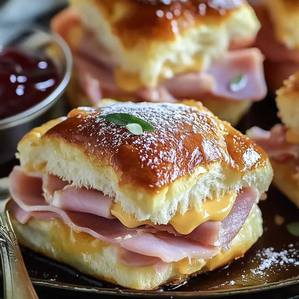 Monte Cristo sliders with powdered sugar and jelly.