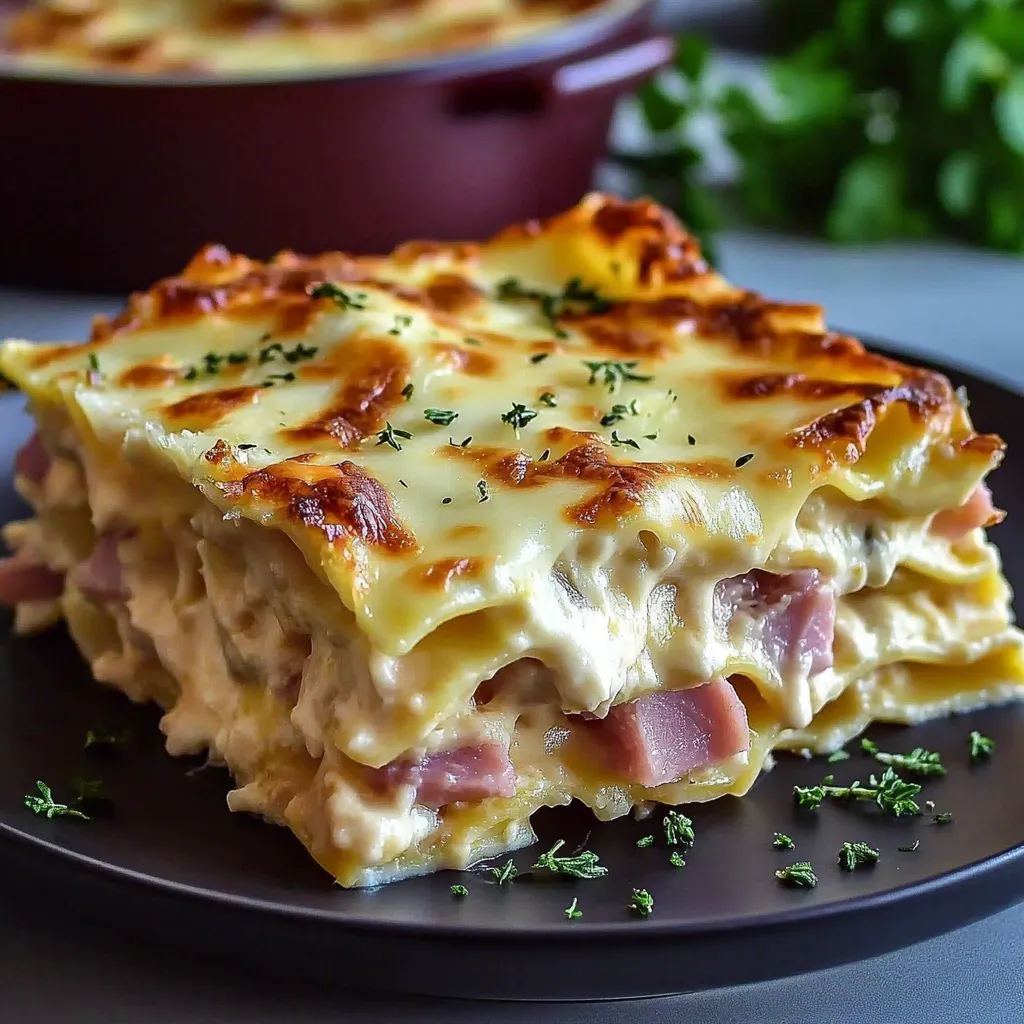 Casserole with cheese and ham plated and ready to eat.