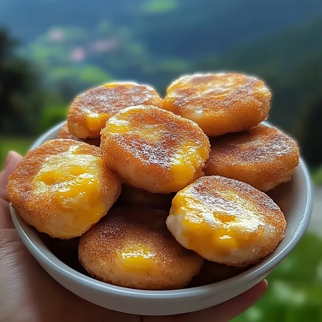 A bowl full of doughnuts with some mountains behind them.