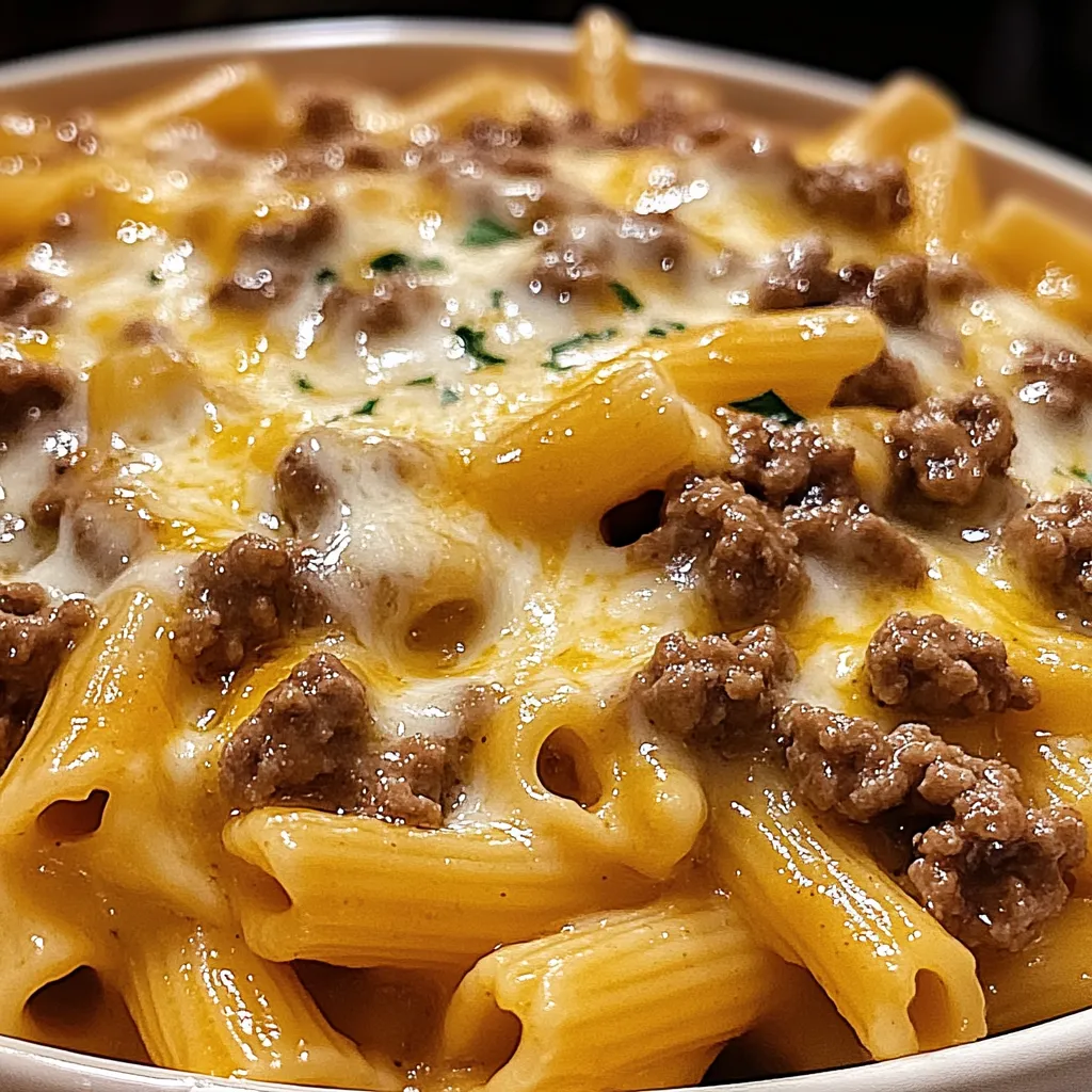Bowl of pasta with beef and creamy cheese sauce.
