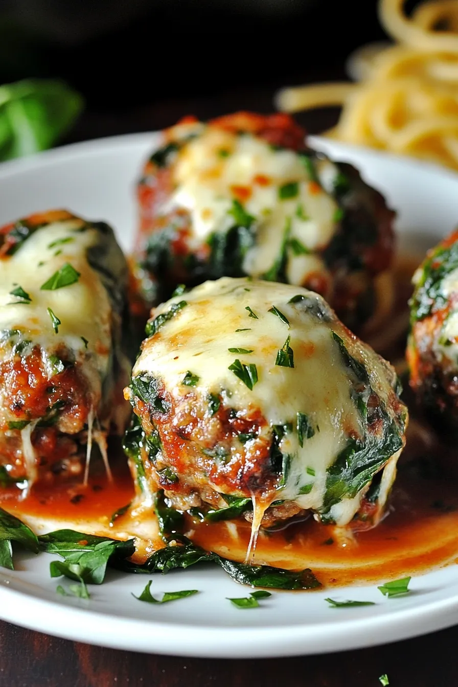 Spinach Garlic Meatballs Stuffed With Mozzarella