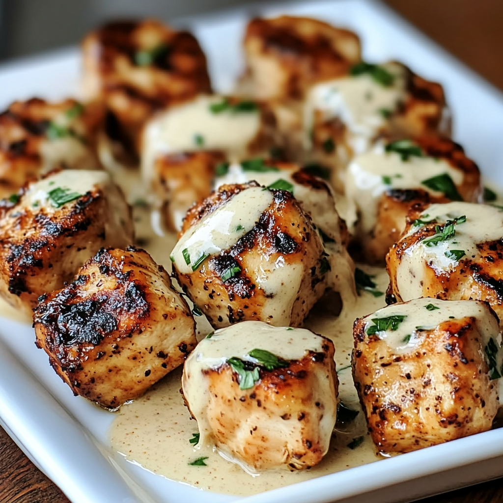 Grilled chicken bites with creamy garlic sauce.