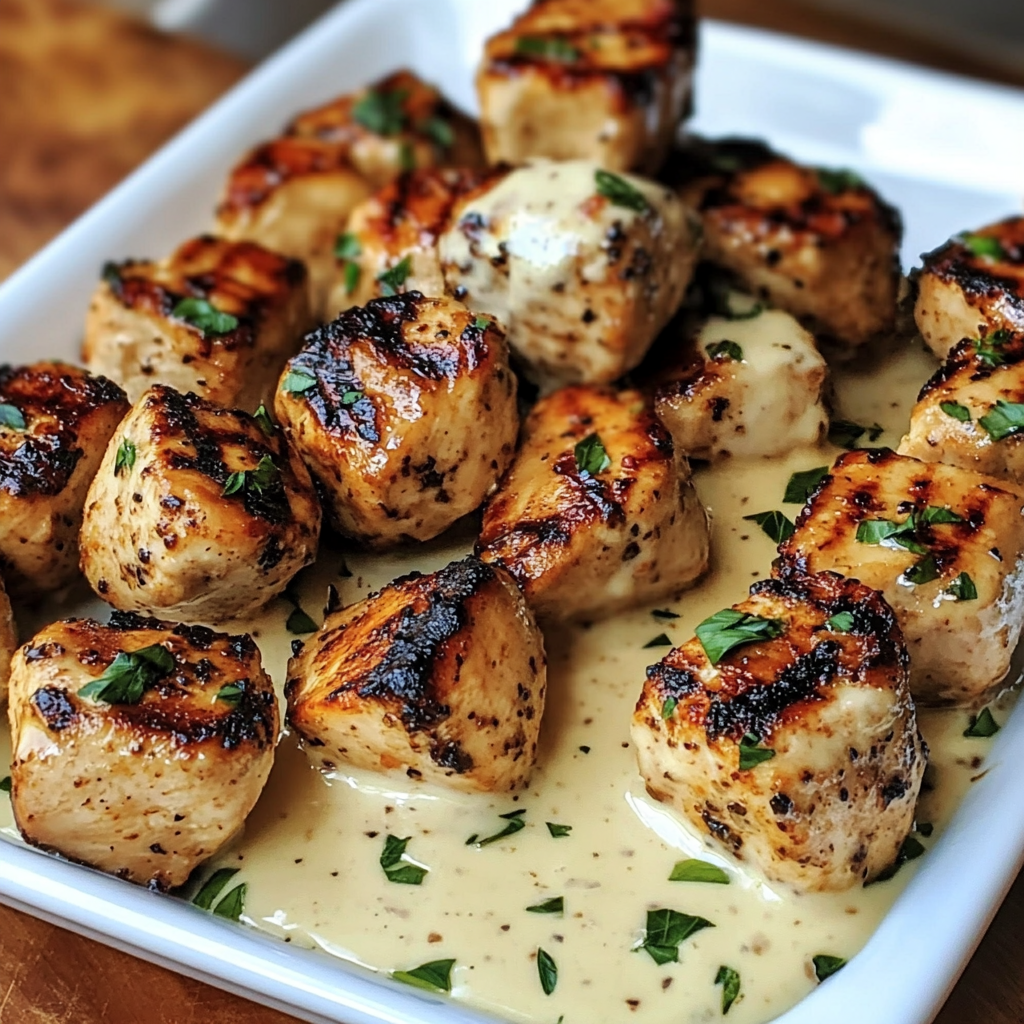 A plate of grilled chicken bites with a creamy garlic sauce.
