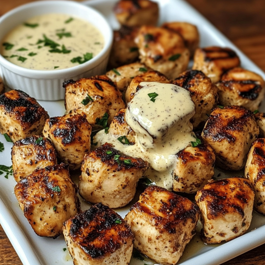 Grilled chicken bites with creamy garlic sauce.