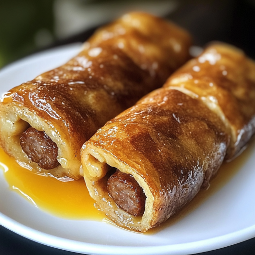 Two sausage roll-ups on a white plate.