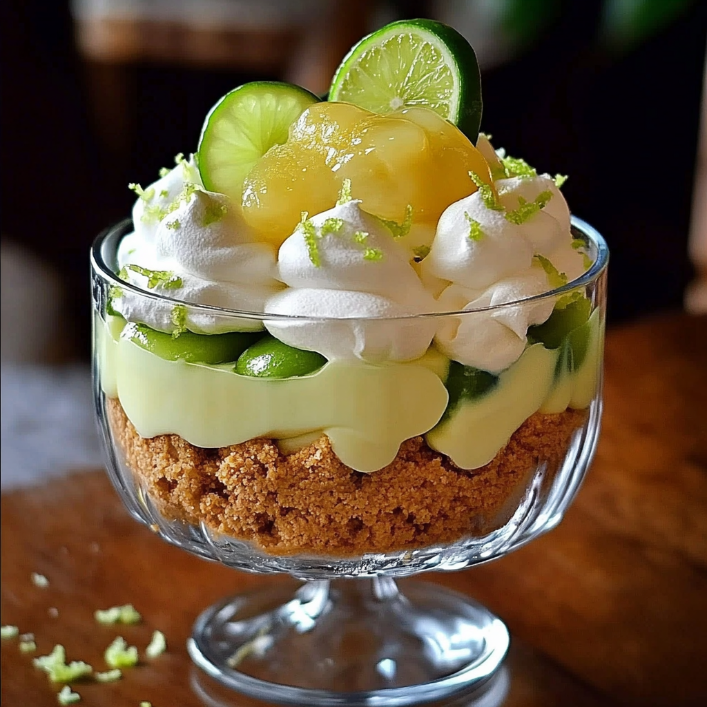 A glass bowl filled with a dessert made with key lime pie.