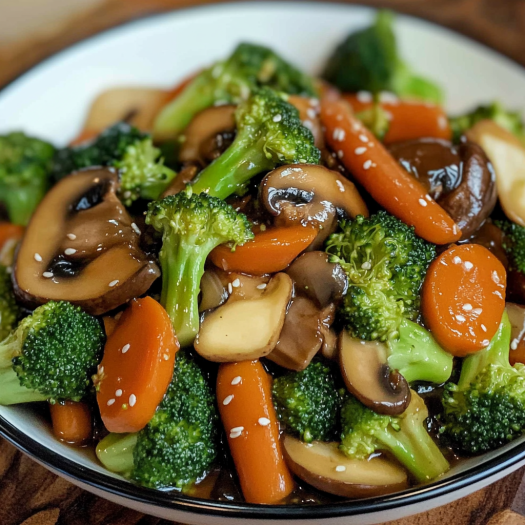 A bowl of stir-fried vegetables with mushrooms, carrots, and broccoli.
