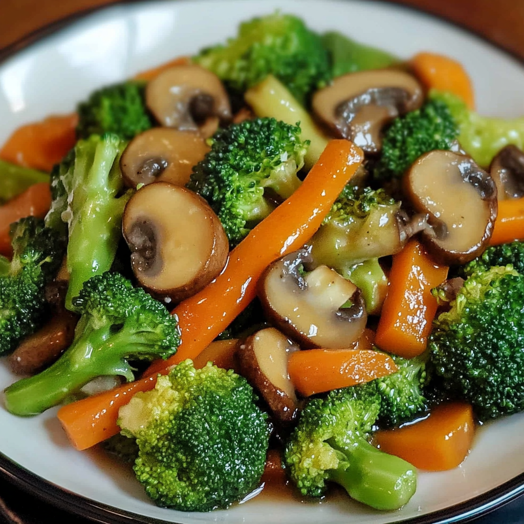 A plate of stir-fried vegetables with mushrooms and carrots.