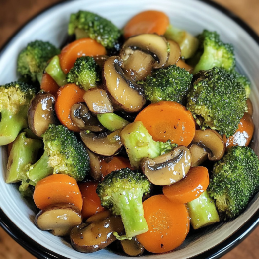 A bowl of stir-fried vegetables with mushrooms and carrots.