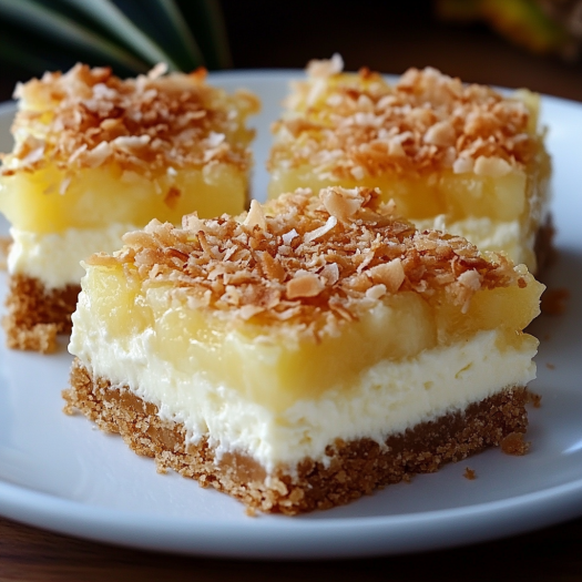 A slice of pineapple coconut cheesecake bar.