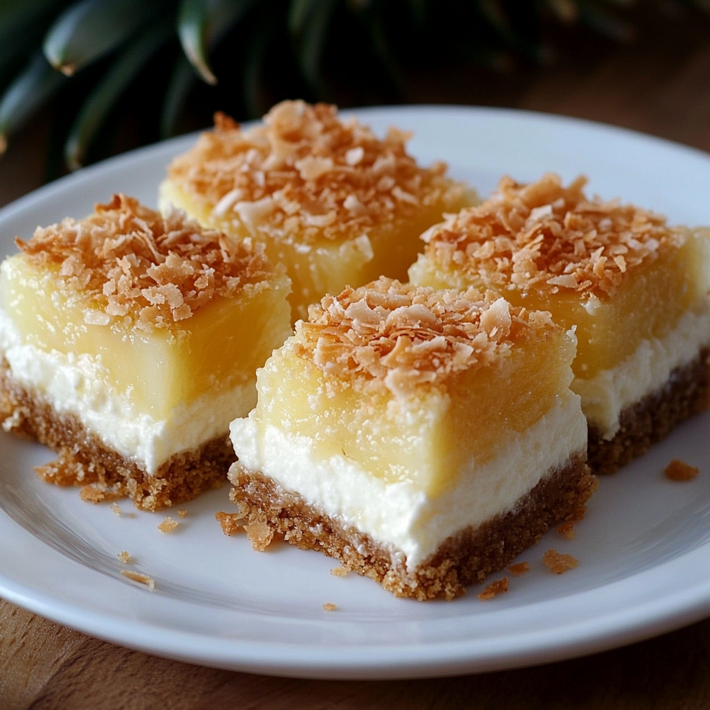 A white plate with four pieces of pineapple coconut cheesecake bars.