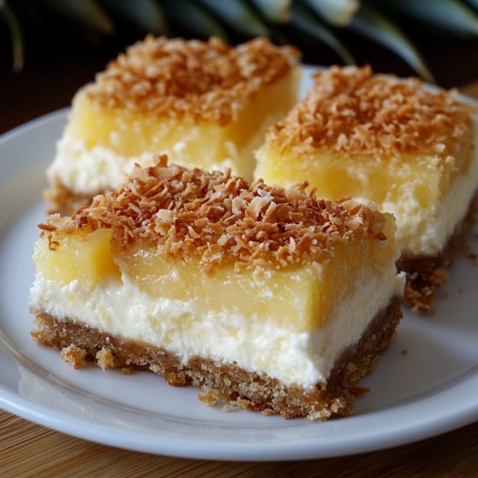 A slice of pineapple coconut cheesecake bar.