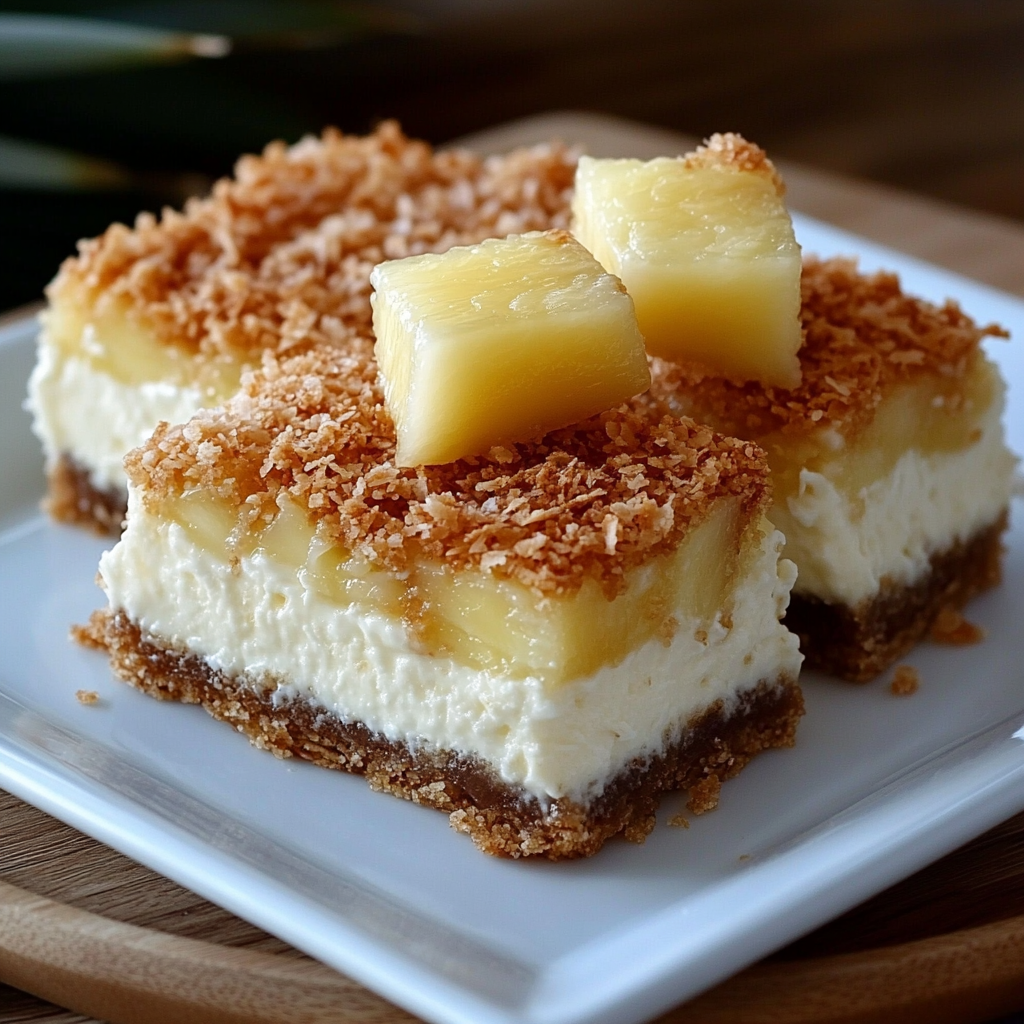 A slice of pineapple coconut cheesecake bar.