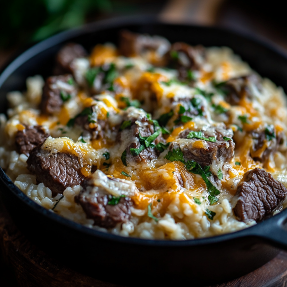 A skillet of beef and rice with cheese and parmesan sauce.