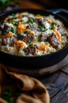 A skillet with a delicious meal of garlic butter beef and rice.