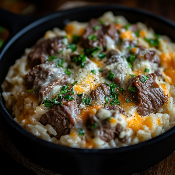 A skillet of beef and rice with garlic butter and cheddar parmesan sauce.
