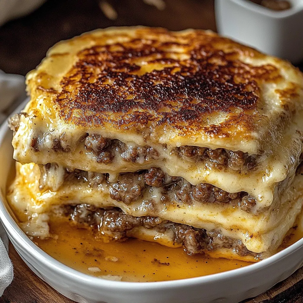 Three pancakes stacked with melted cheese on top.