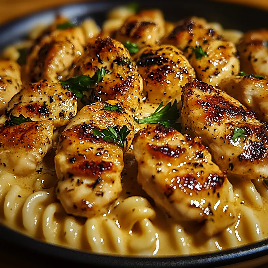 A plate holding chicken and pasta with sauce.