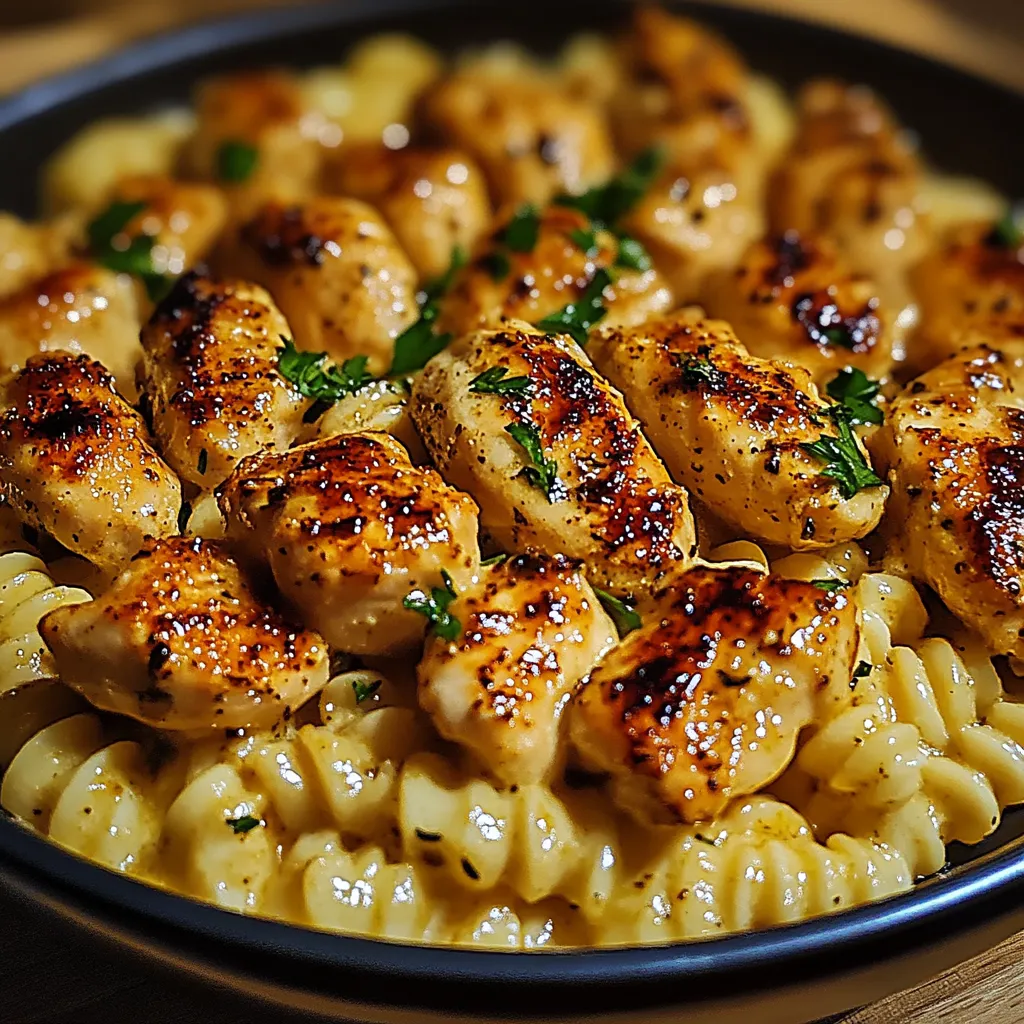 A serving of pasta and chicken on a plate, topped with sauce.