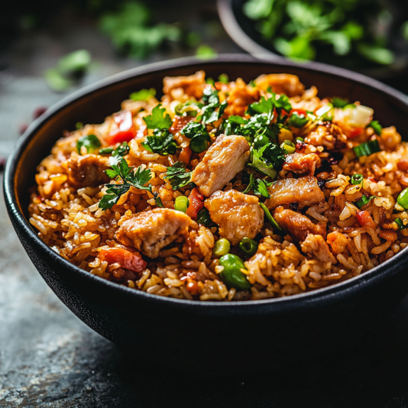 A bowl of rice with chicken and peppers.