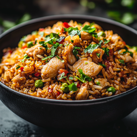 A bowl of bang bang chicken fried rice.