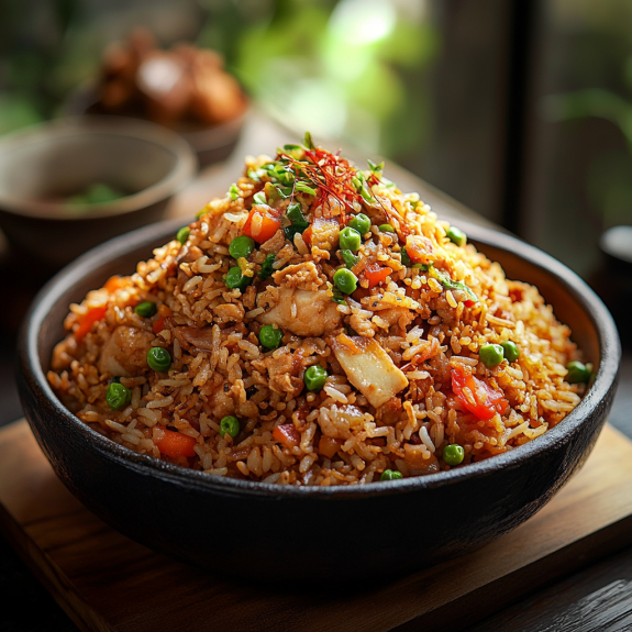 A bowl of rice with peas and carrots on top.