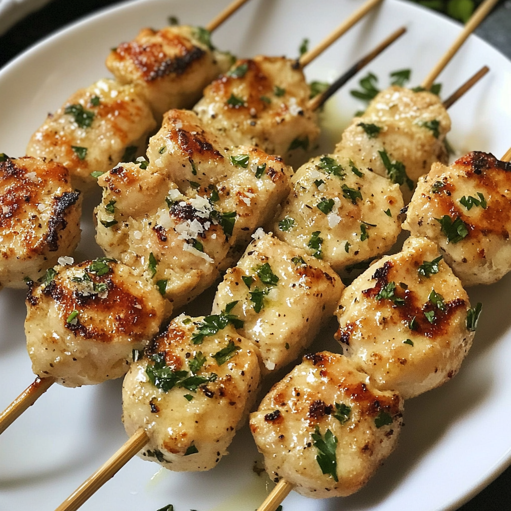 Garlic Parmesan Chicken Kebabs on a white plate.