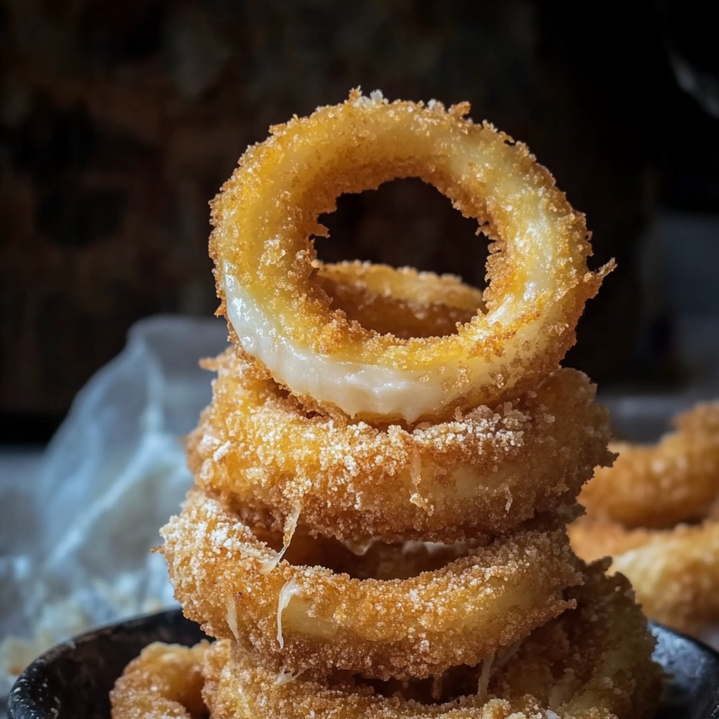 A stack of onion rings on a plate.