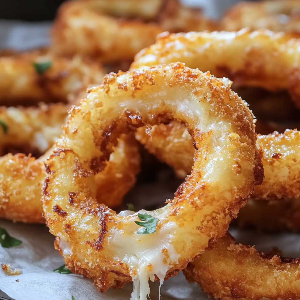 A plate of cheese covered onion rings.
